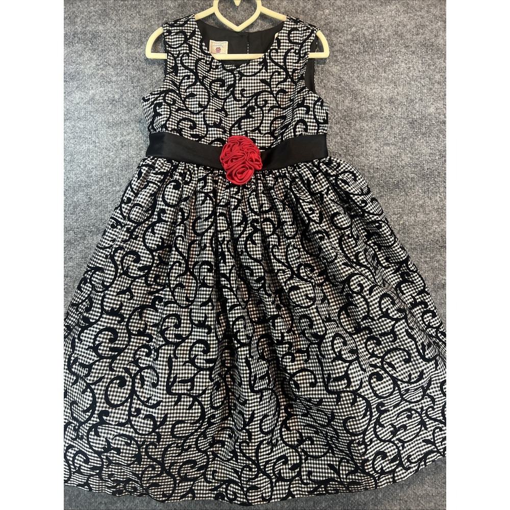 Marmellata Girls Size 10 Black & White Gingham Holiday Dress Flocked Velvet